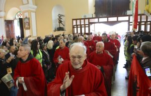 Catholic cardinals enter the cathedral in the northern city of Shkoder, Albania, which celebrated the beatification of 38 Catholic martyrs executed or tortured to death during the former communist regime Saturday, Nov. 5, 2016. Albanians celebrated their beatification after Pope Francis had officially recognized as martyrs Archbishop Vincens Prenushi and 37 other priests who died in prison or were murdered in 1945-1974 by the late communist dictator Enver Hoxha's regime. (AP Photo/Hektor Pustina)